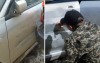 戰鬥民族軍人開車不小心把別人車撞凹，他拿出麥克筆在凹處畫了起來