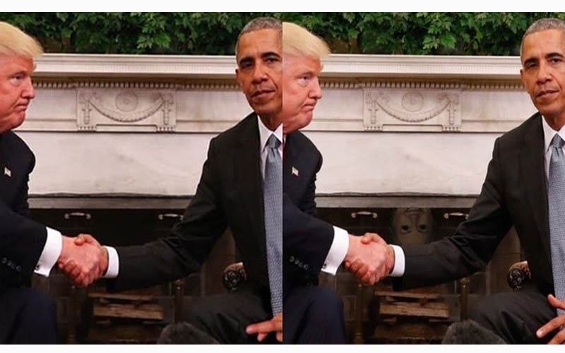 川普與歐巴馬的白宮一握，不情願的表情被網友瘋狂神改！希拉蕊躲壁爐太好笑了ＸＤ