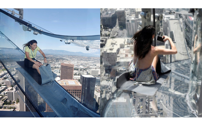 美國洛杉磯70樓高「全透明玻璃滑梯」，滑下去的瞬間感覺心臟都要衝出來了！（影片）