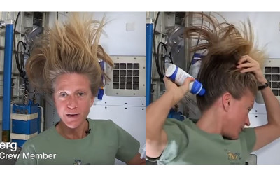 女太空人示範在「無重力情況下」洗頭，意外透露洗髮後「水分會當飲用水」，網友全傻眼